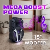 15” Mega Blast Bluetooth® Portable Party Speaker LED Lights W/ Front Panel, Remote, TWS, USB, AUX-in, FM Radio, TF, Mic-in