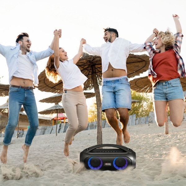 Portable Bluetooth Boombox Speaker 2.1 Double Subwoofer + Tweeter 40W RMS 1,600W PMPO Water Resistant IPX53, Lights, TWS, FM, Line-In, USB Loud Axess MPBT7501P