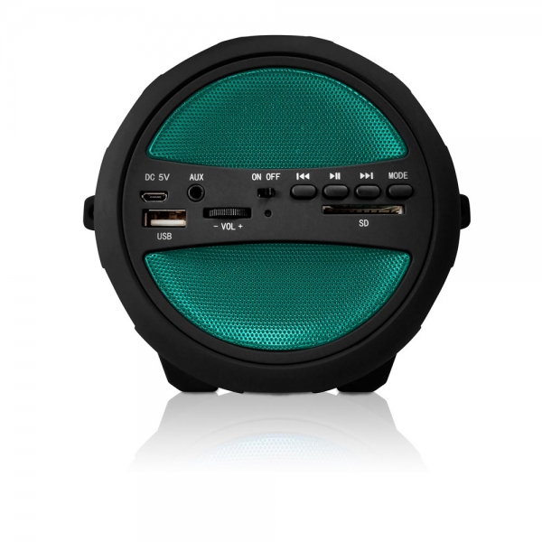Green Portable Thunder Sonic Bluetooth® Cylinder Loud Speaker with Built-In FM Radio SD Card USB AUX Inputs